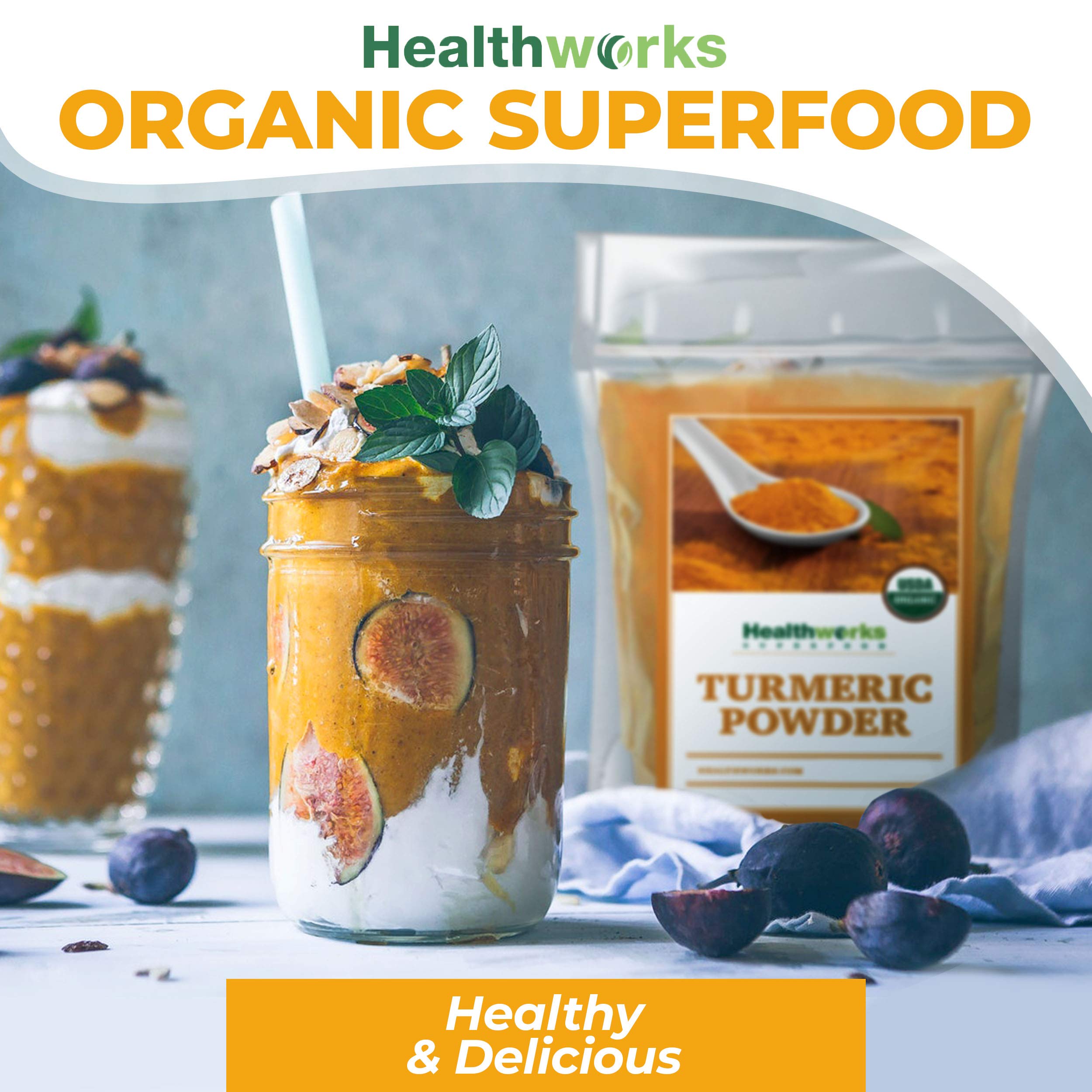Healthworks Superfoods comparación de tamaño 2 lb junto a ingredientes de cocina