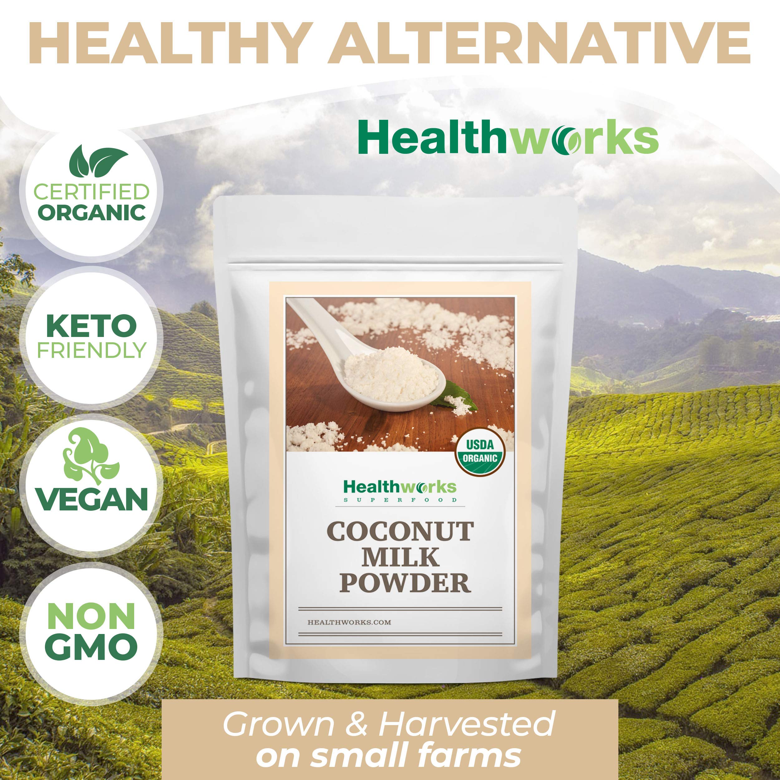 Healthworks Superfoods bol con porción de polvo para comparar tamaño y uso
