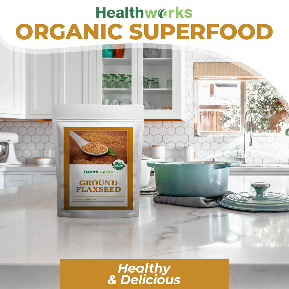 Healthworks Superfoods etiqueta con certificaciones orgánicas y datos limpios