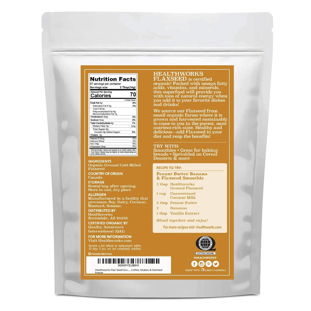 Healthworks Superfoods textura fina del polvo de lino molido que mejora mezclas