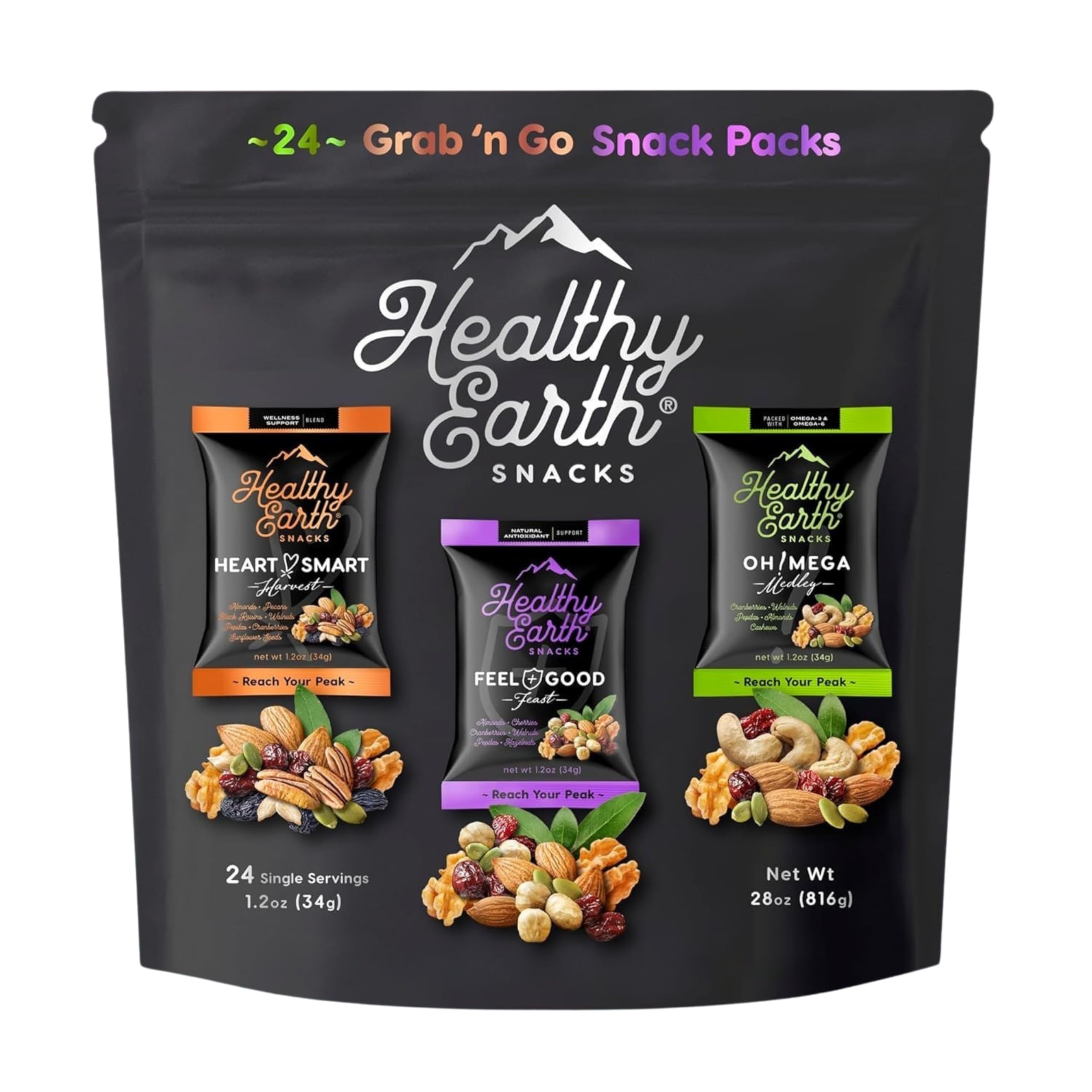 Healthy Earth frente del empaque mostrando variedad y conveniencia