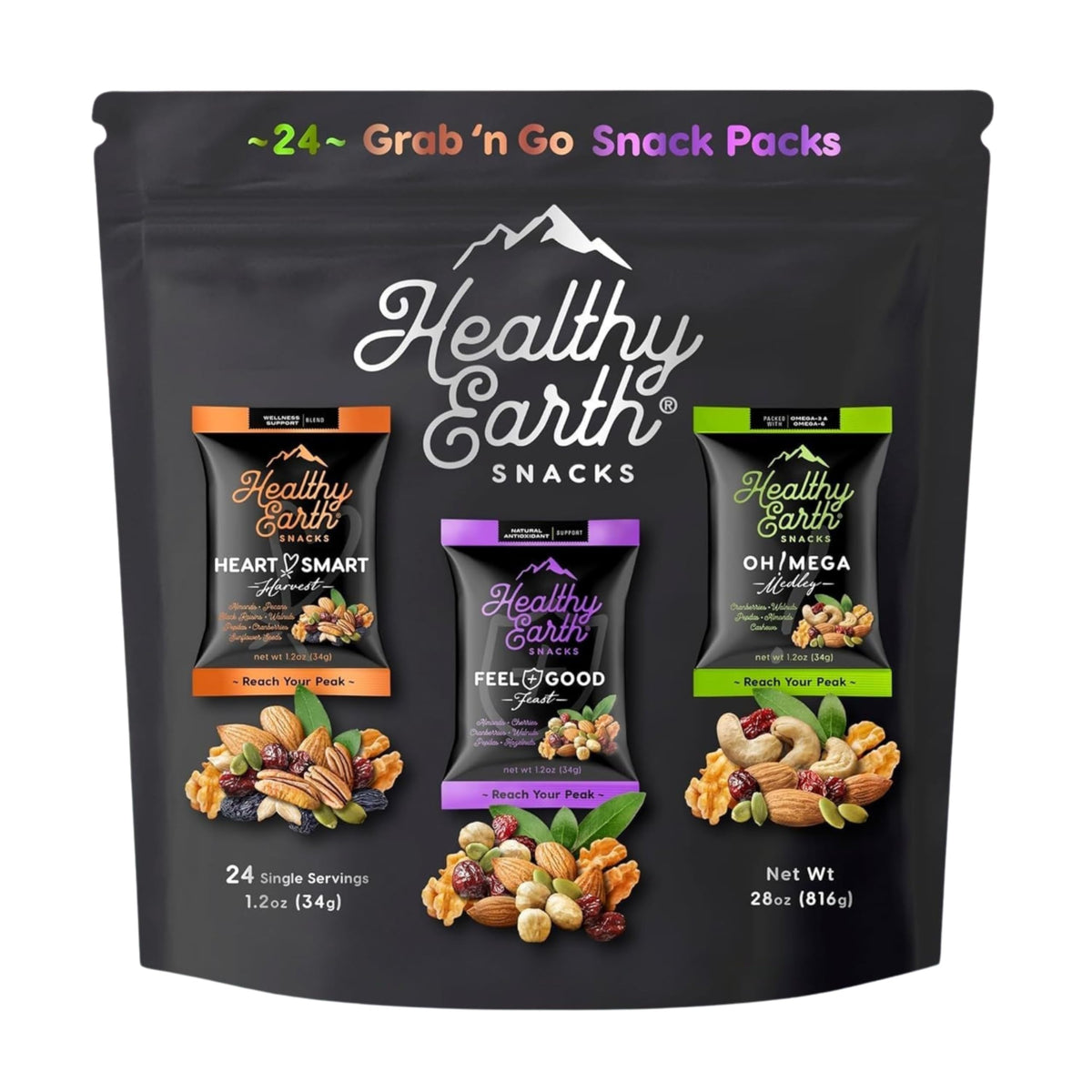 Healthy Earth frente del empaque mostrando variedad y conveniencia
