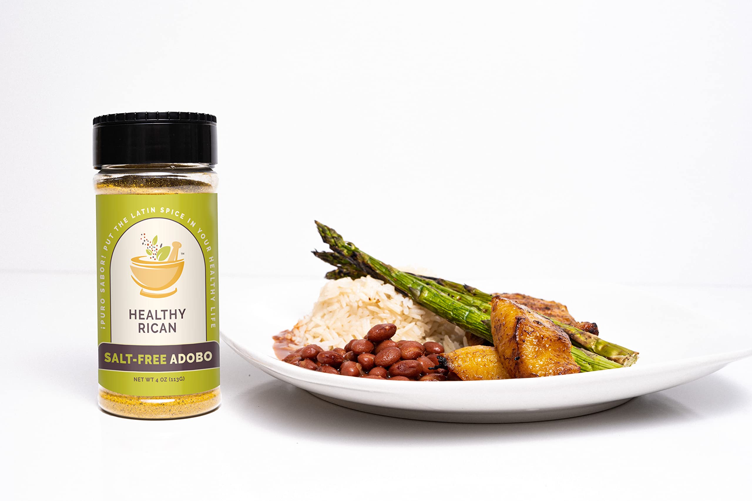 Healthy Rican sazón espolvoreado sobre arroz para mejor color