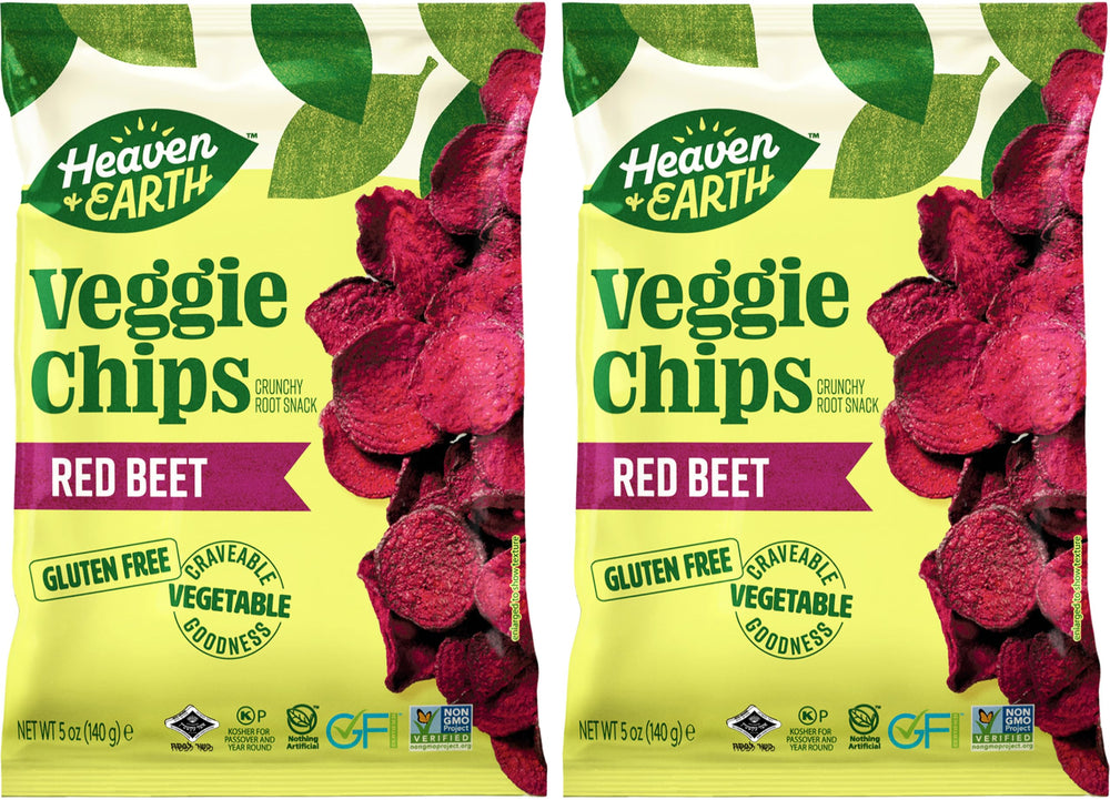 Heaven & Earth paquete frontal mostrando chips de remolacha y sello sin gluten
