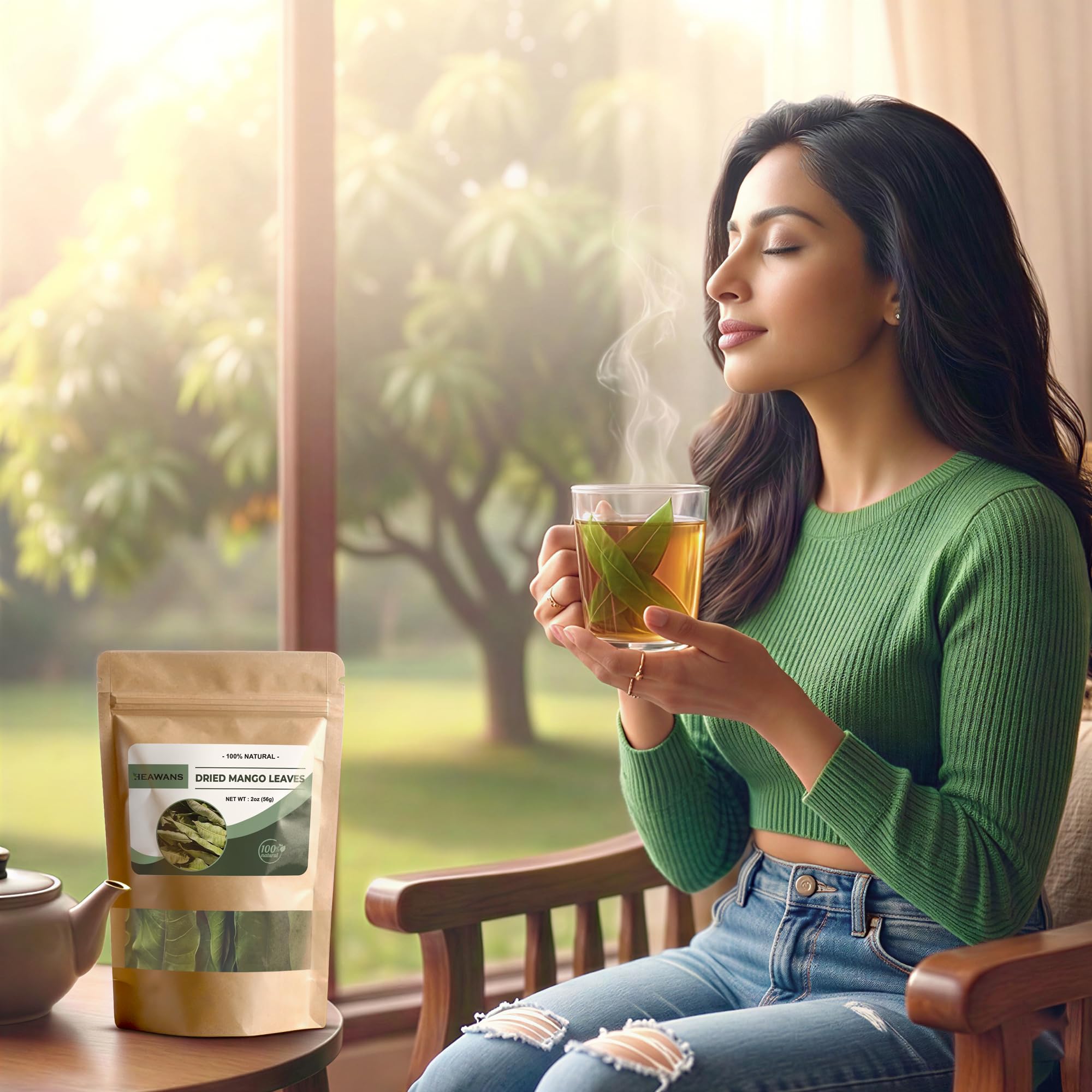 Heawans hojas en infusión caliente en taza, libera aroma natural