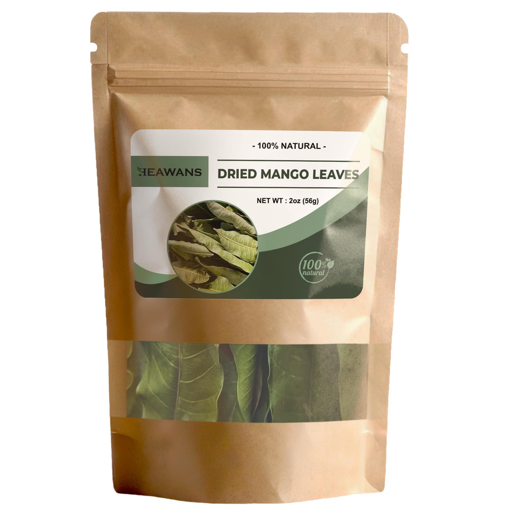 Heawans hoja de mango frontal mostrando bolsa y etiqueta, conserva frescura