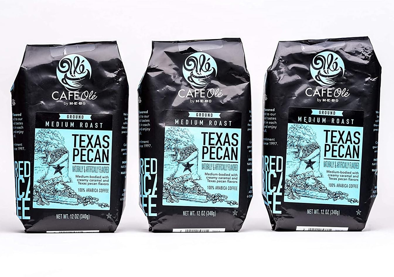 HEB Café Olé bolsa frontal Texas Pecan mostrando empaque y ventaja de sabor