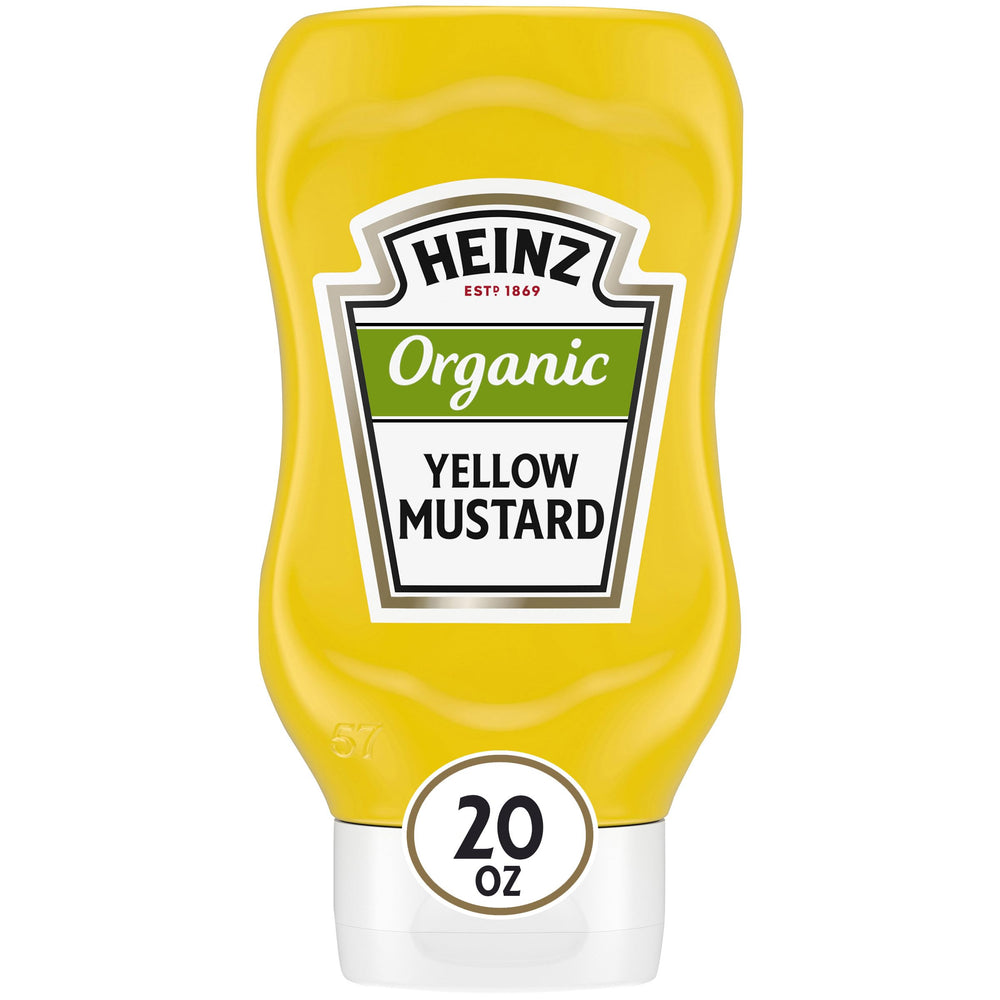 Heinz mostaza pack frente mostrando botella exprimible y marca clara