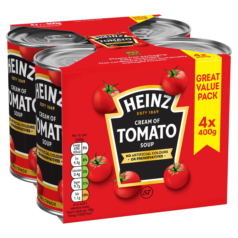 HEINZ sopa de tomate lata frente mostrando etiqueta y conveniencia para calentar