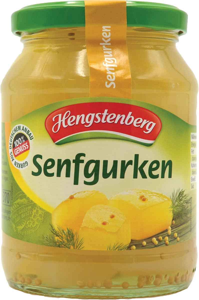 Hengstenberg frasco frontal mostrando pepinillos listos para servir, conveniencia