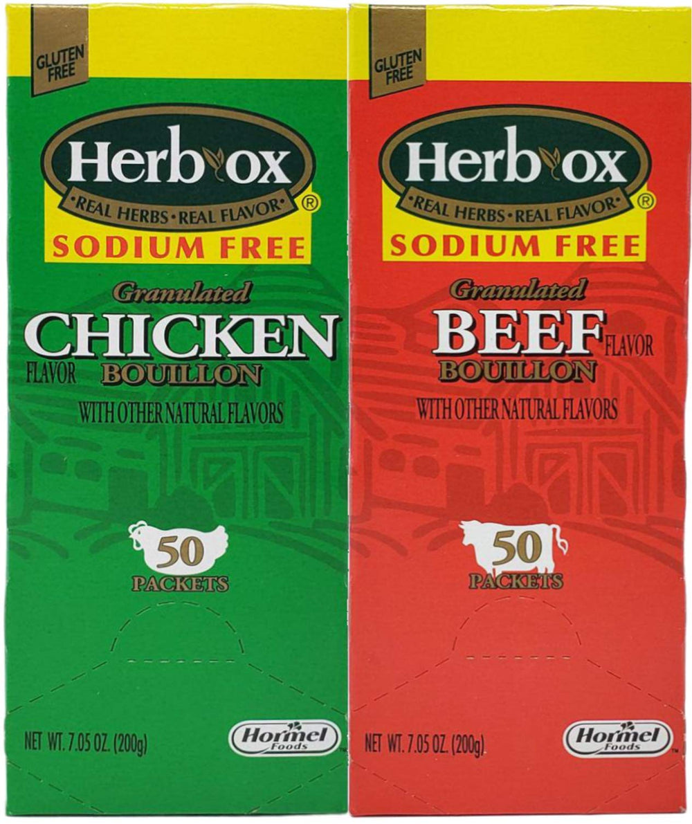 Herb-Ox paquete completo mostrando sobres sin sodio para ahorro