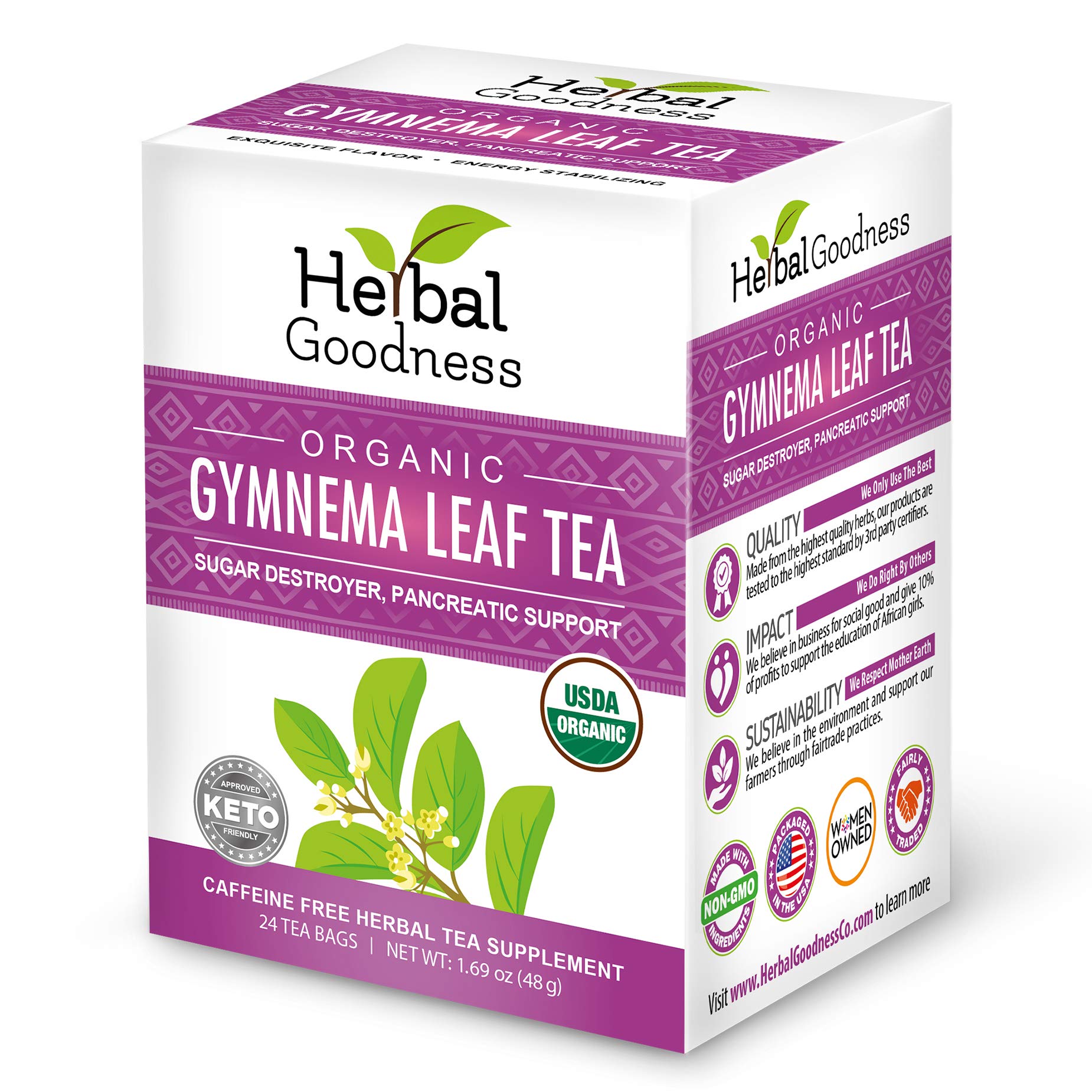 Herbal Goodness empaque frente que muestra bolsitas y beneficios orgánicos