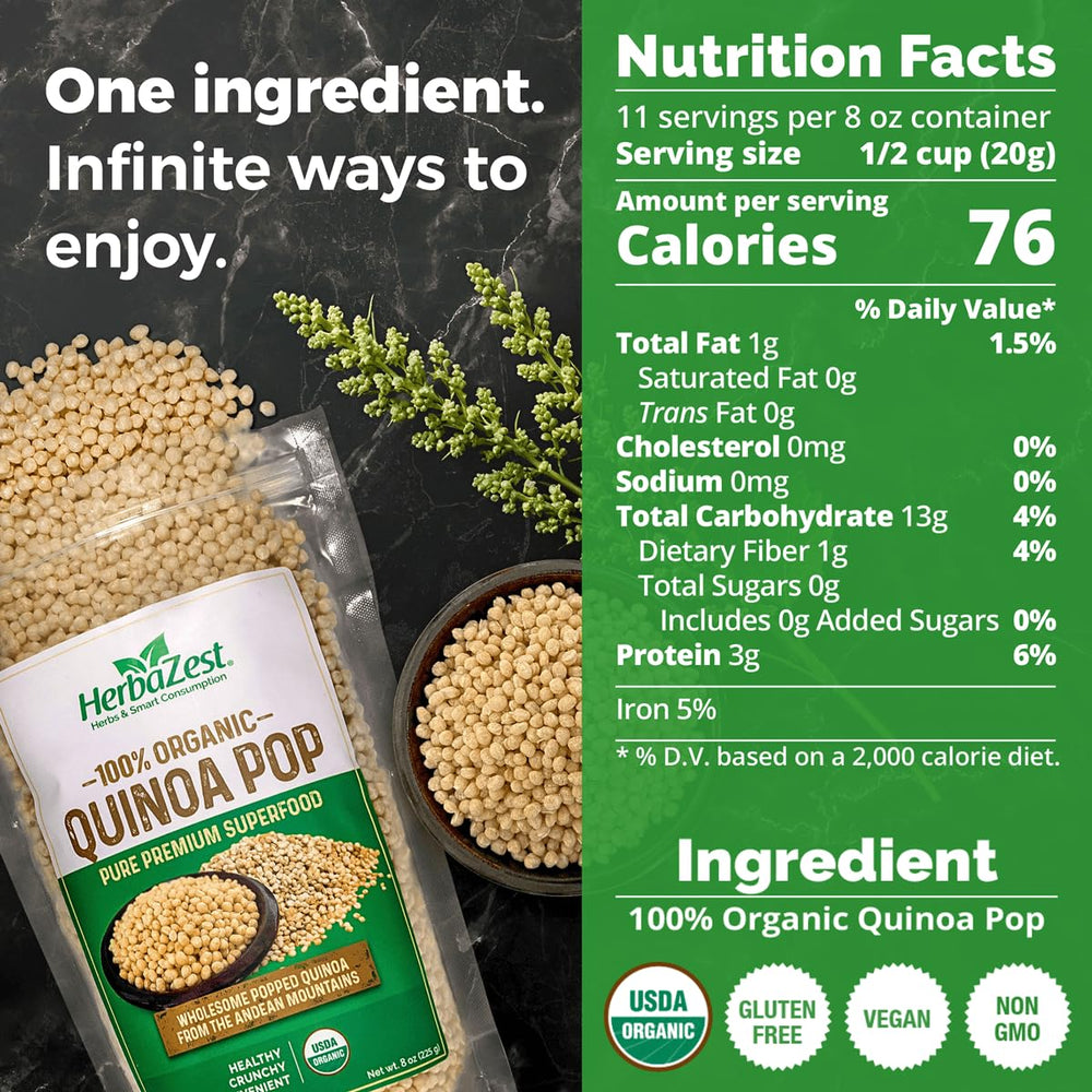 HerbaZest quinoa pop textura crujiente en primer plano aporta crocancia