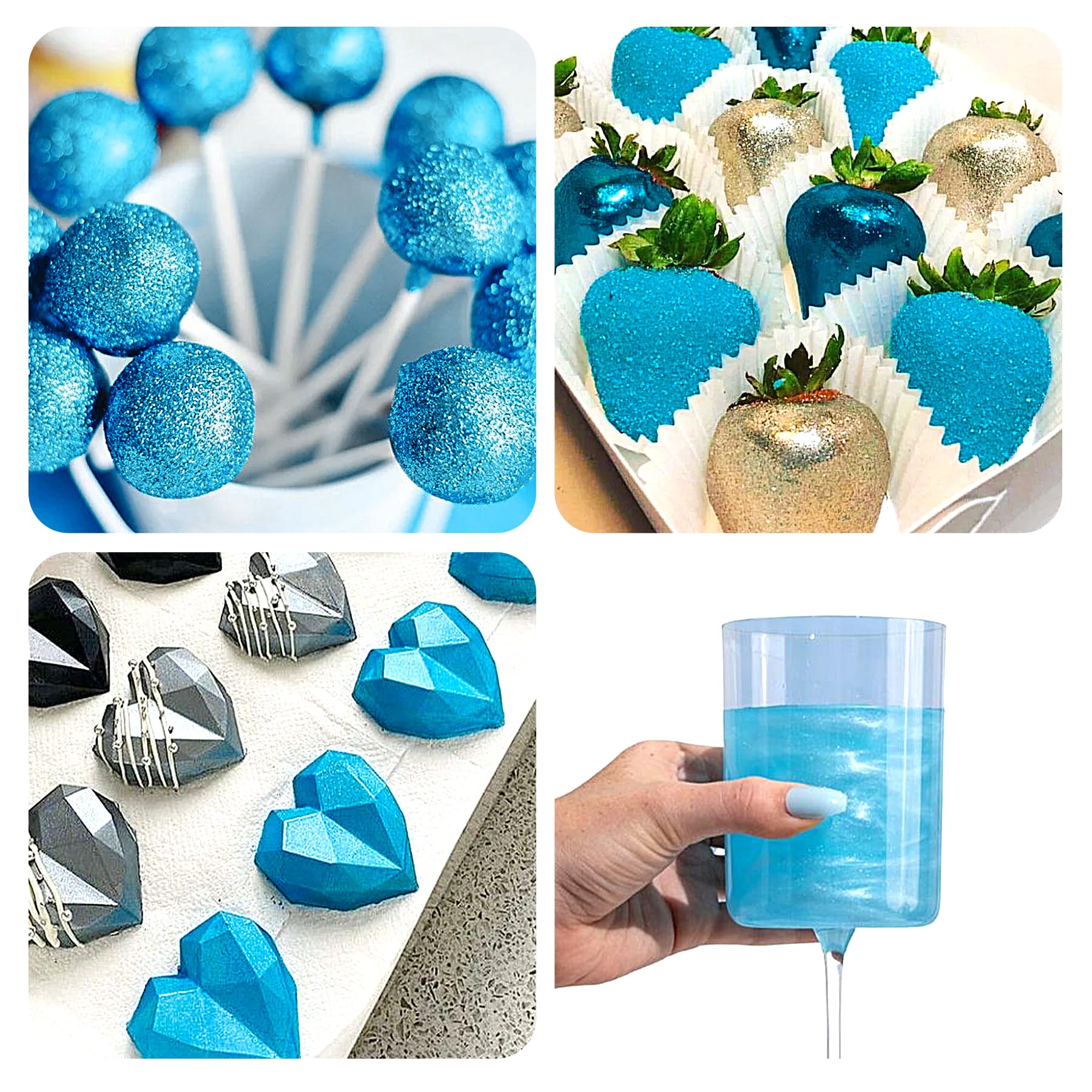 Herbeklab pulverizando purpurina azul sobre tarta con efecto visual