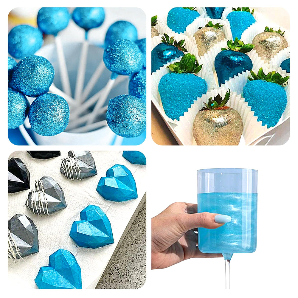 Herbeklab pulverizando purpurina azul sobre tarta con efecto visual