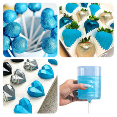 Herbeklab pulverizando purpurina azul sobre tarta con efecto visual