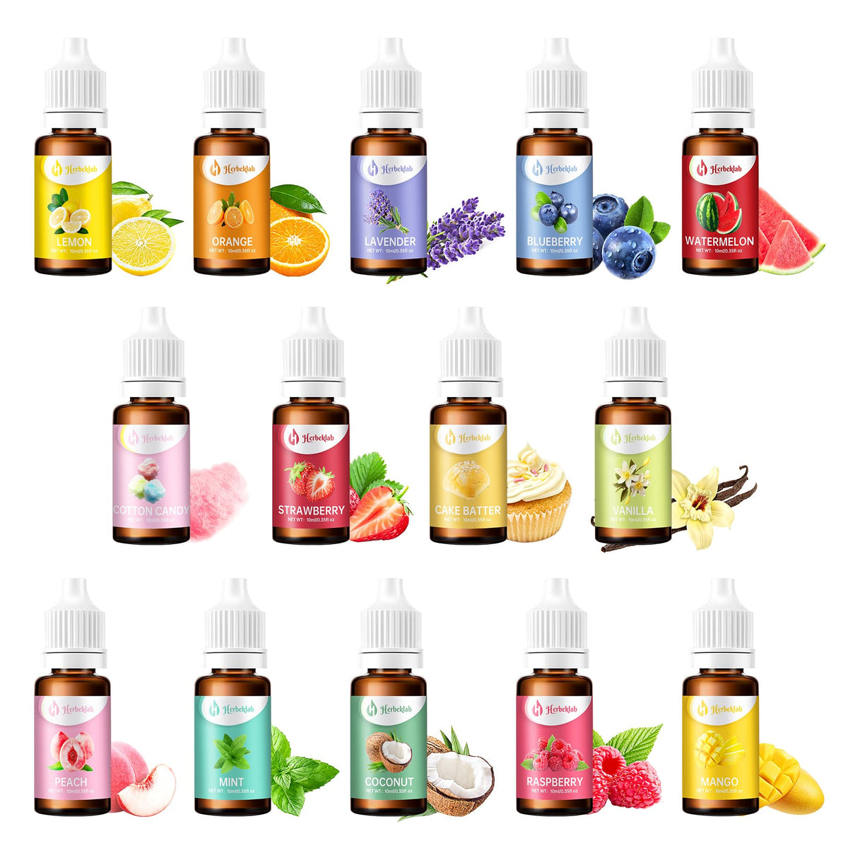 Herbeklab set frontal con 14 frascos mostrando variedad y versatilidad