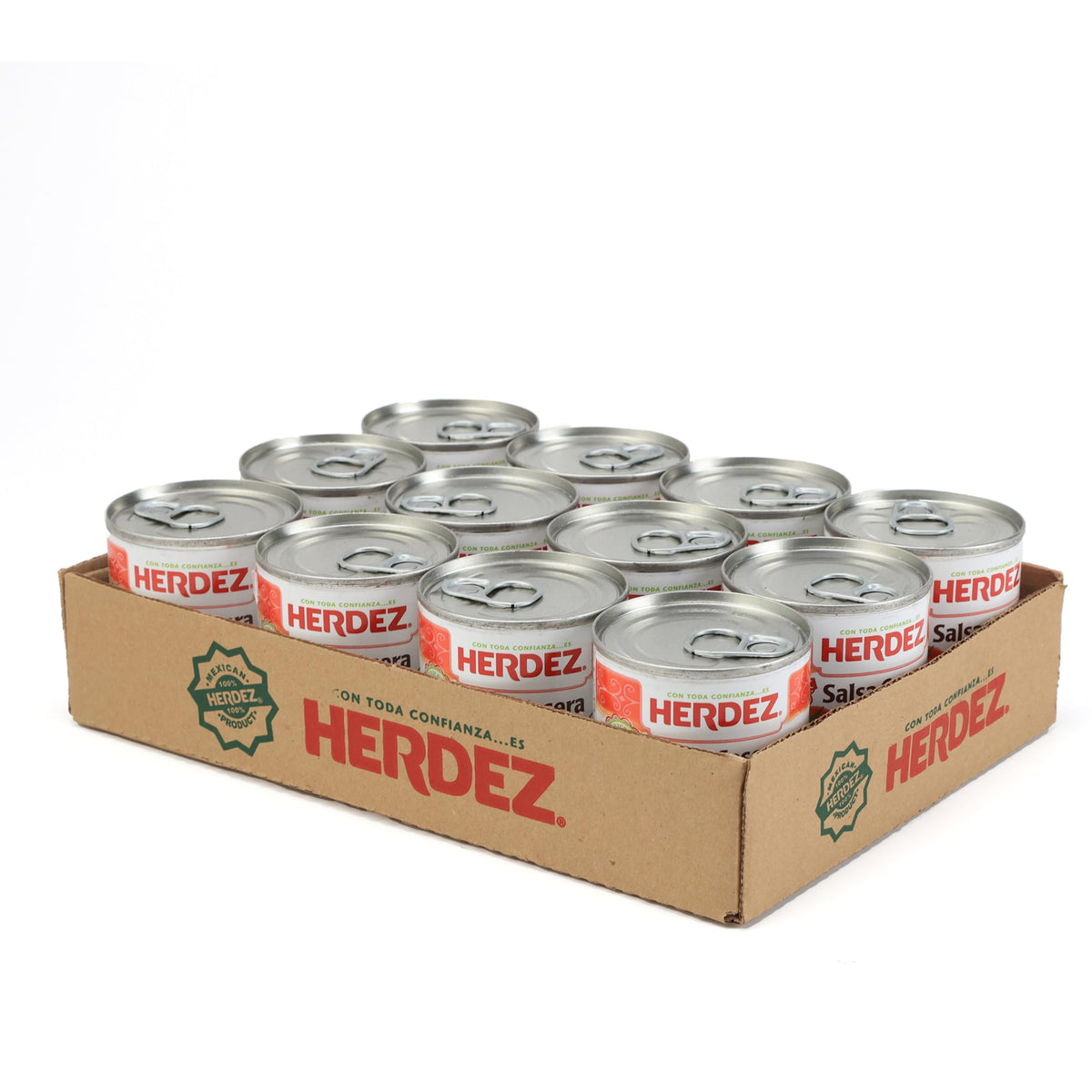 Herdez lata frente mostrando etiqueta y tamaño práctico