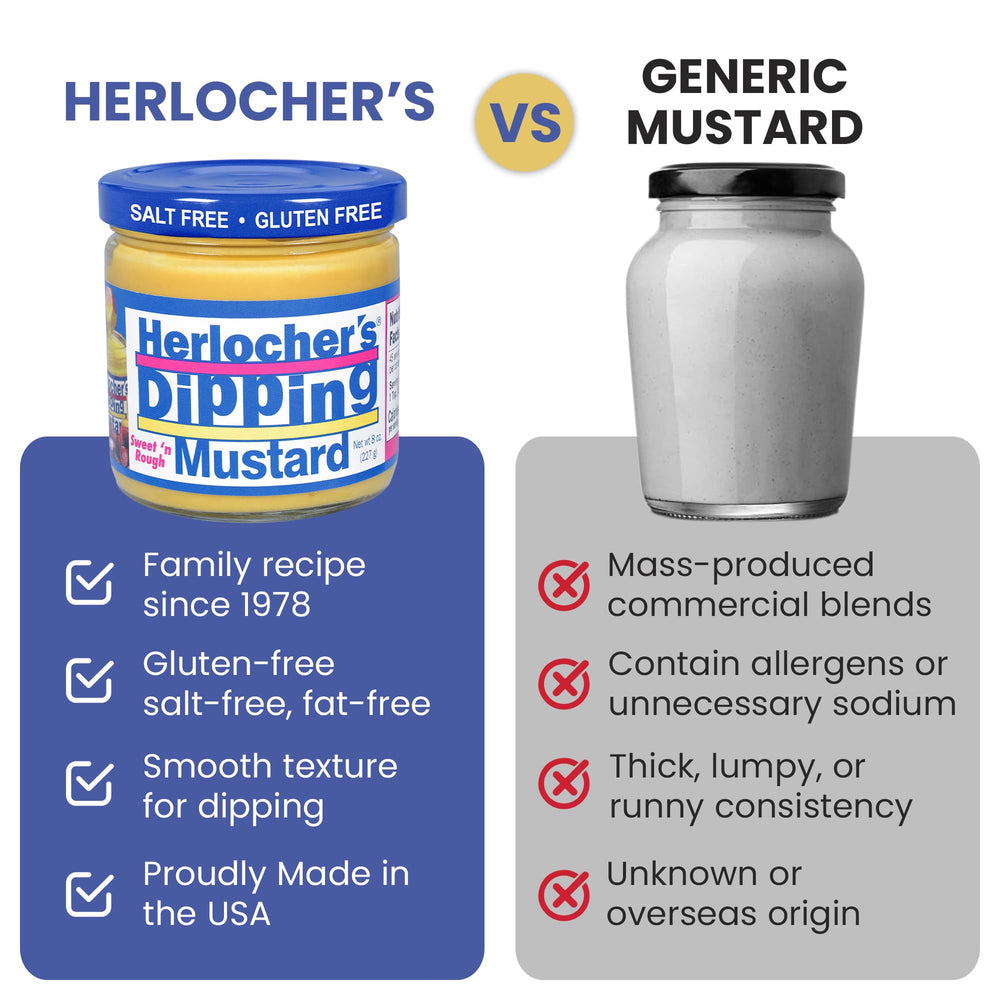 HERLOCHER'S DIPPING MUSTARD frasco en mesa con pretzels y queso para picar