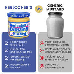 HERLOCHER'S DIPPING MUSTARD frasco en mesa con pretzels y queso para picar