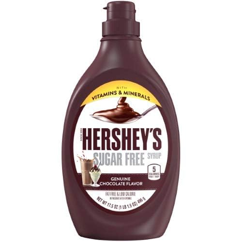 HERSHEY'S jarabe sin azúcar frontal mostrando etiqueta y brillo atractivo