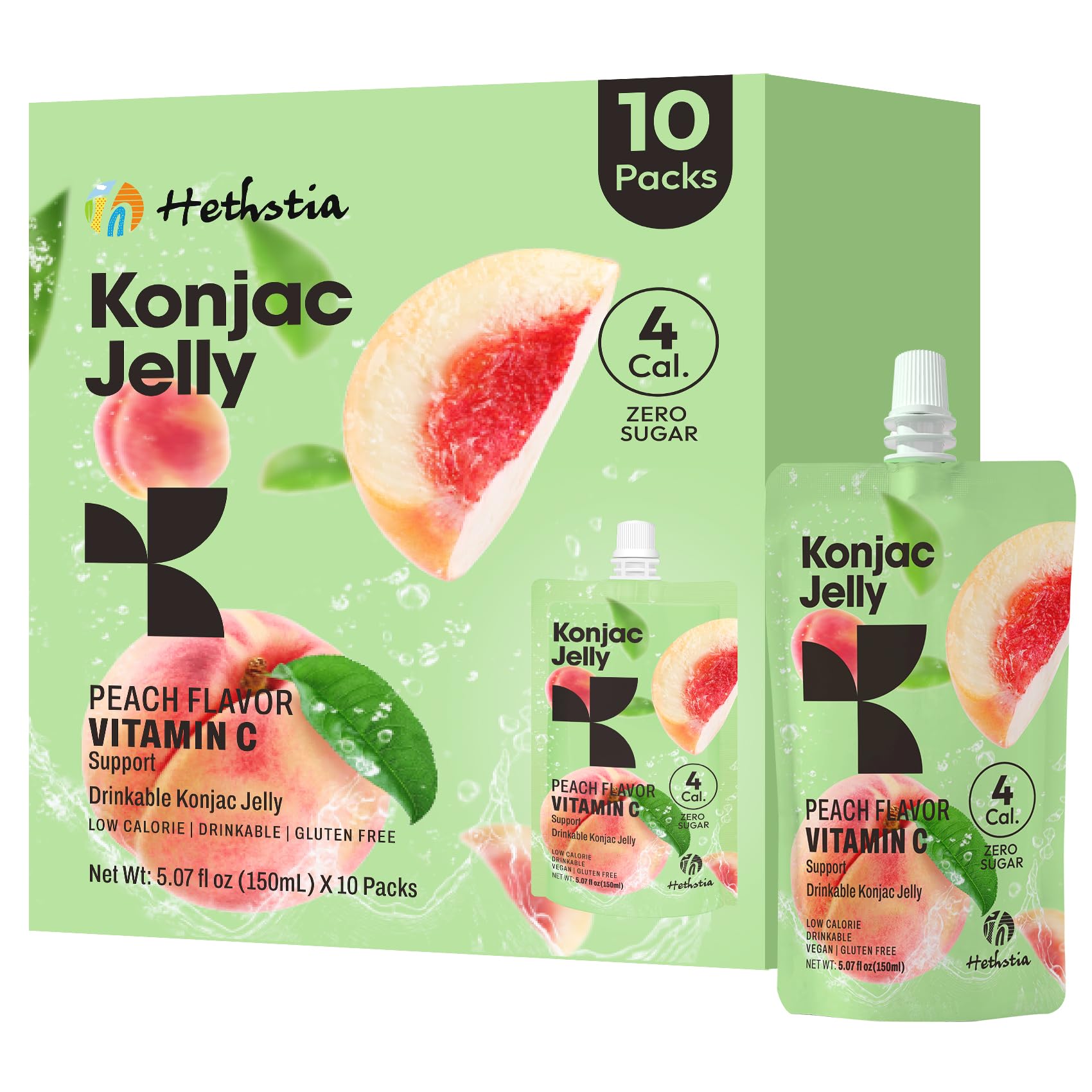 Hethstia envase frontal durazno mostrando diseño y beneficios