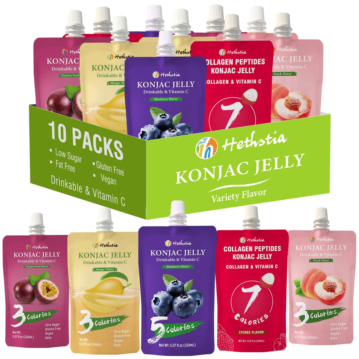Hethstia frente del pack mostrando los 10 sobres y variedad de sabores, portátil y práctico