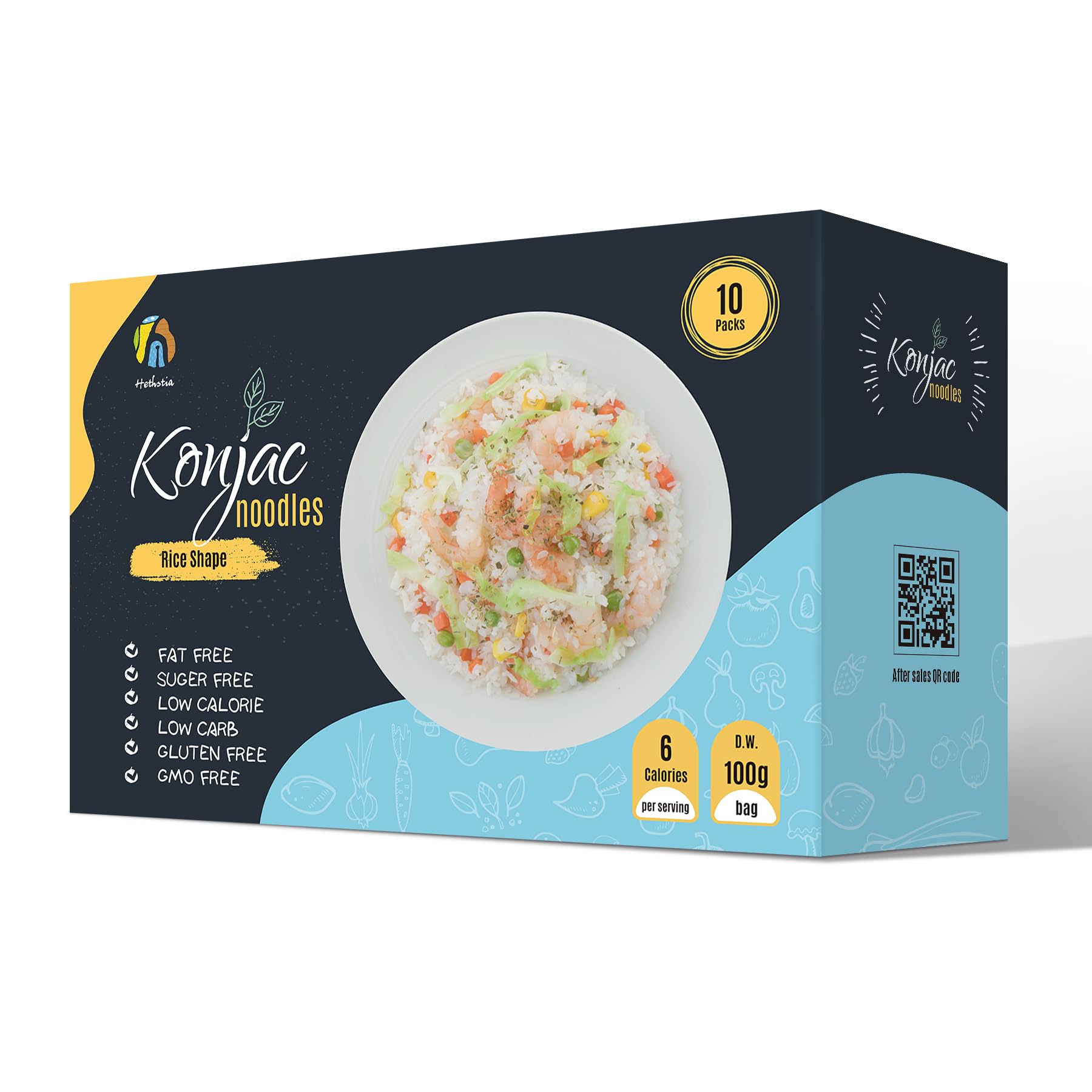Hethstia paquete frontal mostrando arroz konjac práctico y bajo en calorías