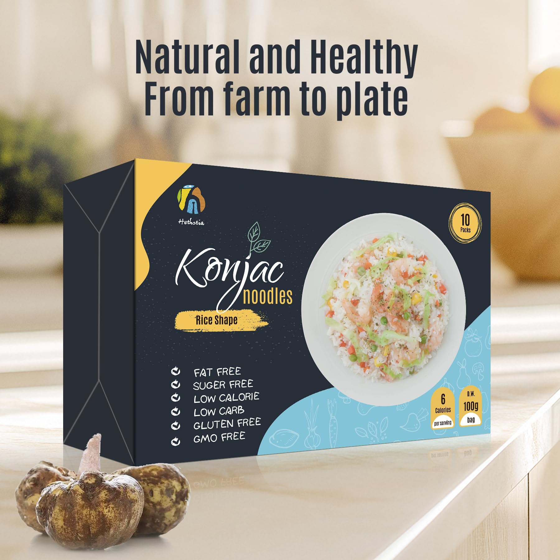 Hethstia paquete abierto con arroz konjac listo para usar y fácil preparación