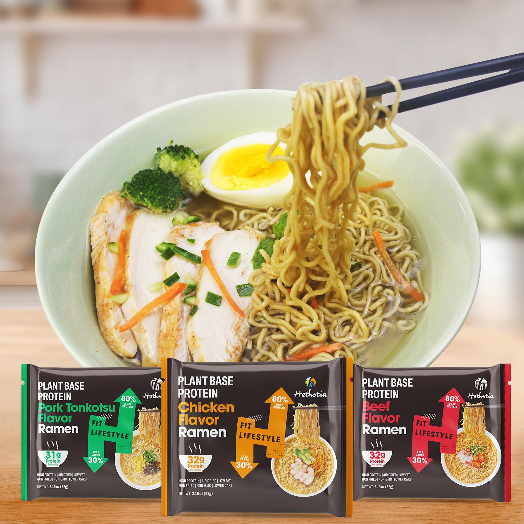 Hethstia presentación de sabores Chicken Beef Pork Tonkotsu en pack