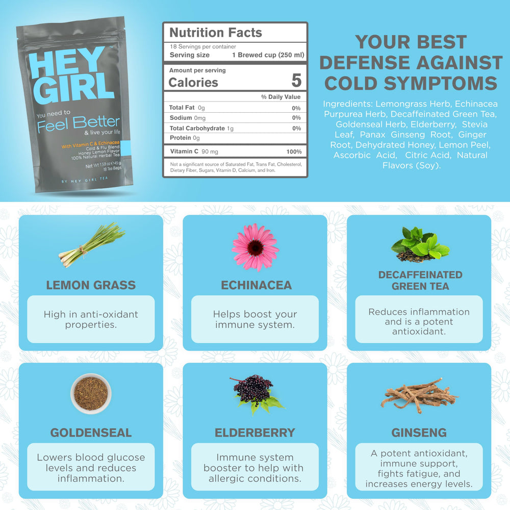 Hey Girl Tea ingredientes naturales saúco y equinácea resaltando frescura