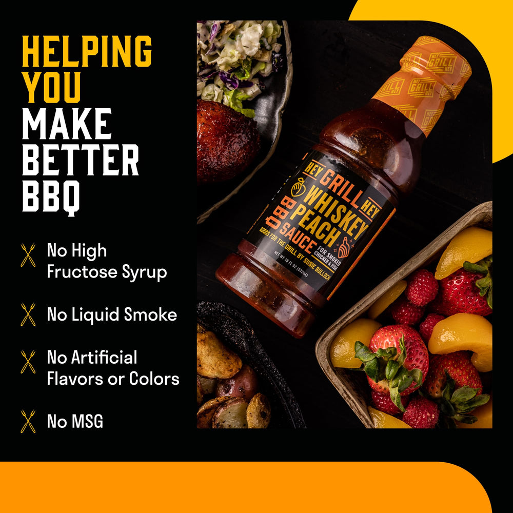 Hey Grill Hey etiqueta e ingredientes destacando whiskey y durazno