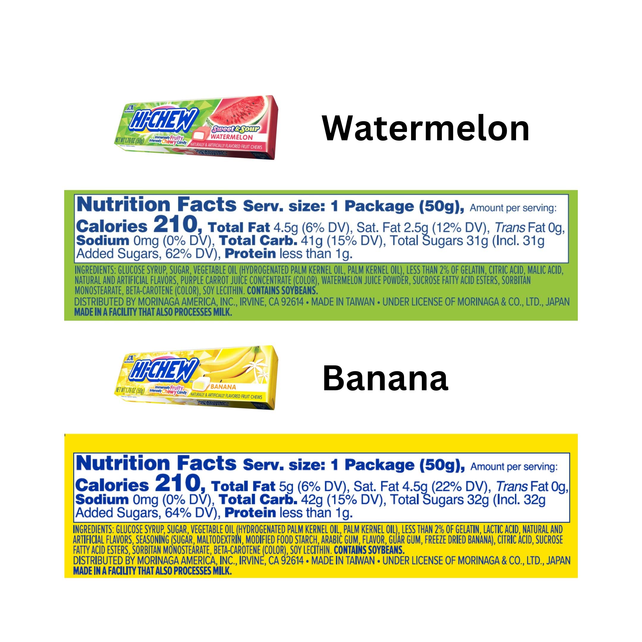 HI-CHEW etiqueta de ingredientes indicando sin gluten y sin colorantes sintéticos