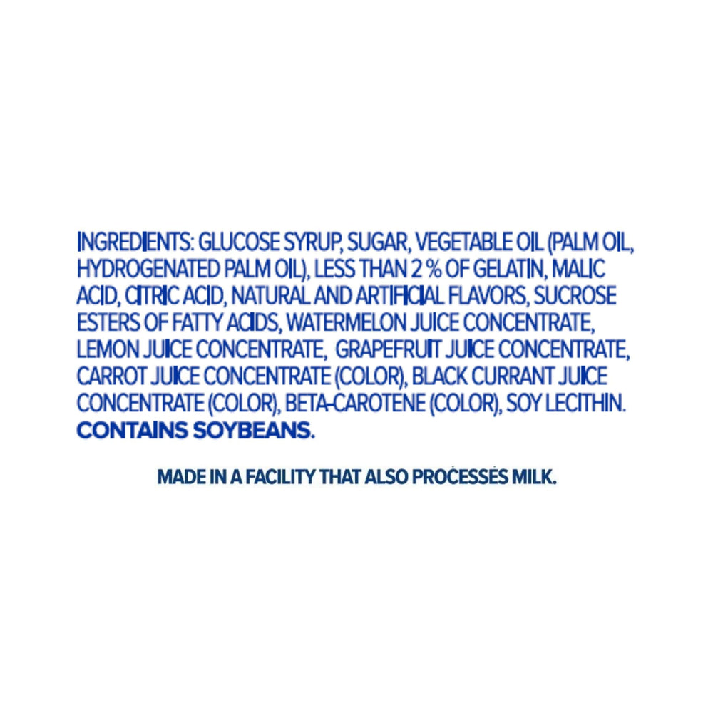 HI-CHEW etiqueta nutricional mostrando ingredientes seleccionados y sin gluten
