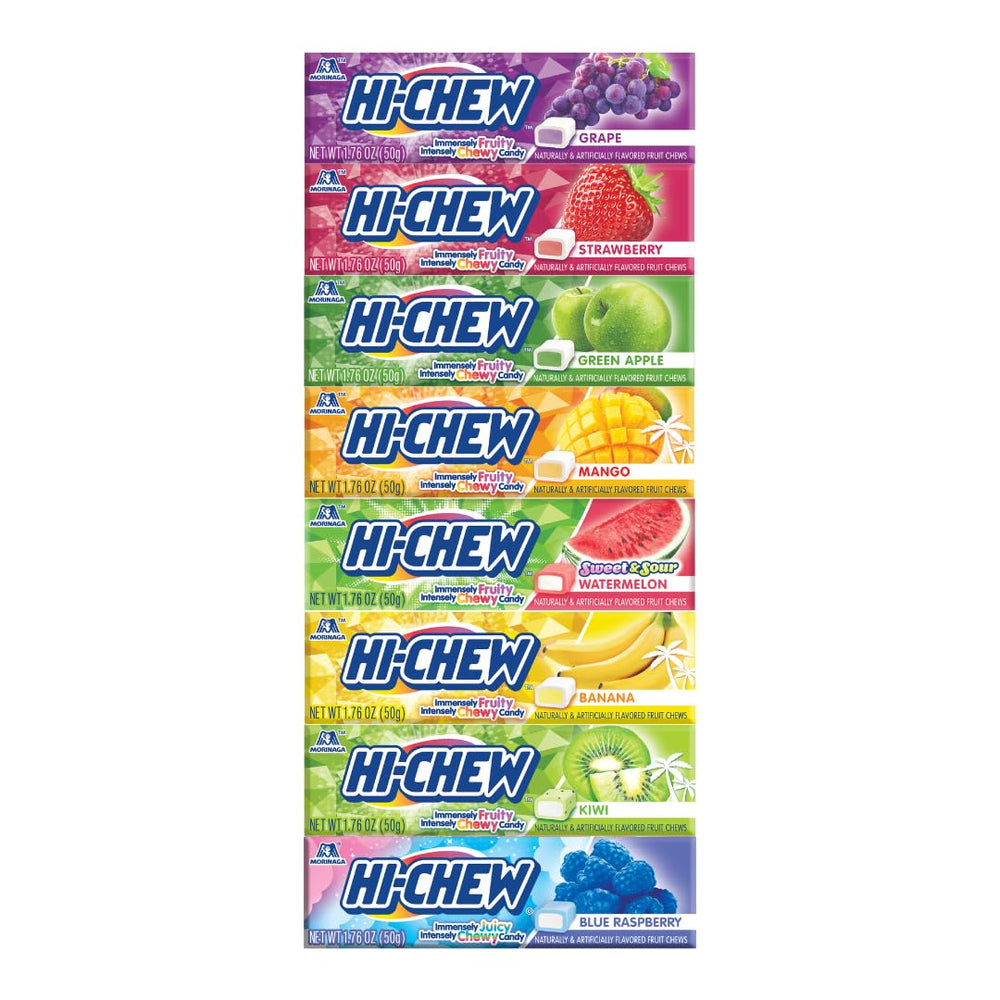 HI-CHEW pack frontal mostrando colores y variedad de sabores para elegir