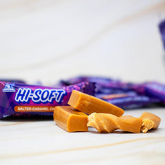 HI-SOFT primer plano de la textura suave del caramelo, muestra su ternura