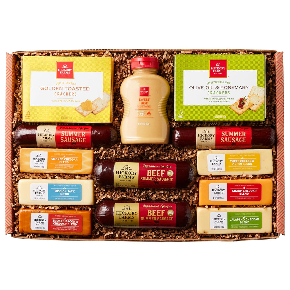 Hickory Farms vista frontal de la canasta lista para regalar y compartir