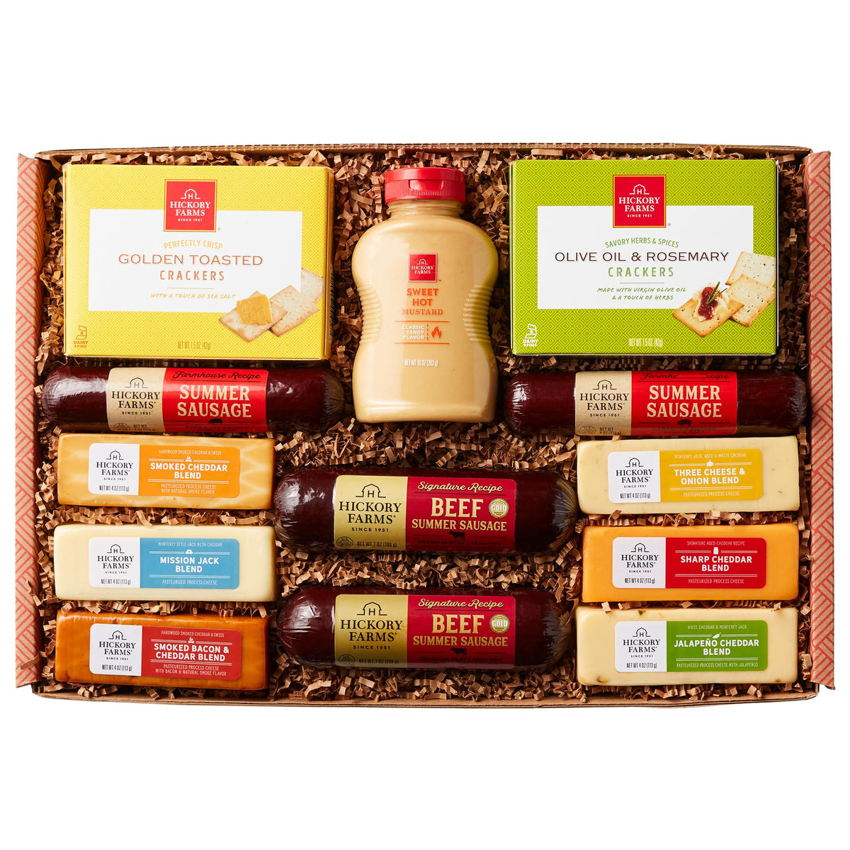 Hickory Farms vista frontal de la canasta lista para regalar y compartir