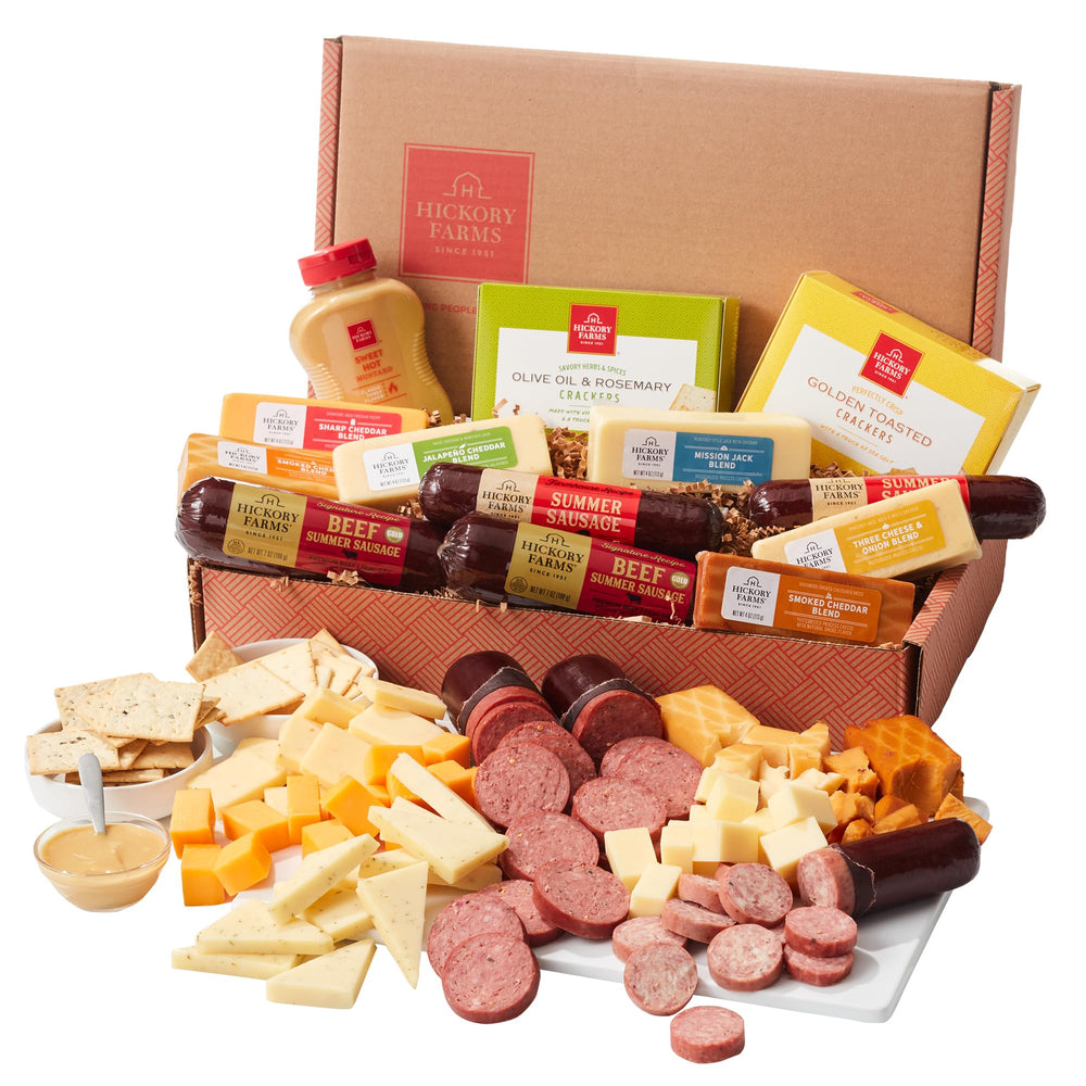 Hickory Farms primer plano de las porciones de queso mostrando variedad