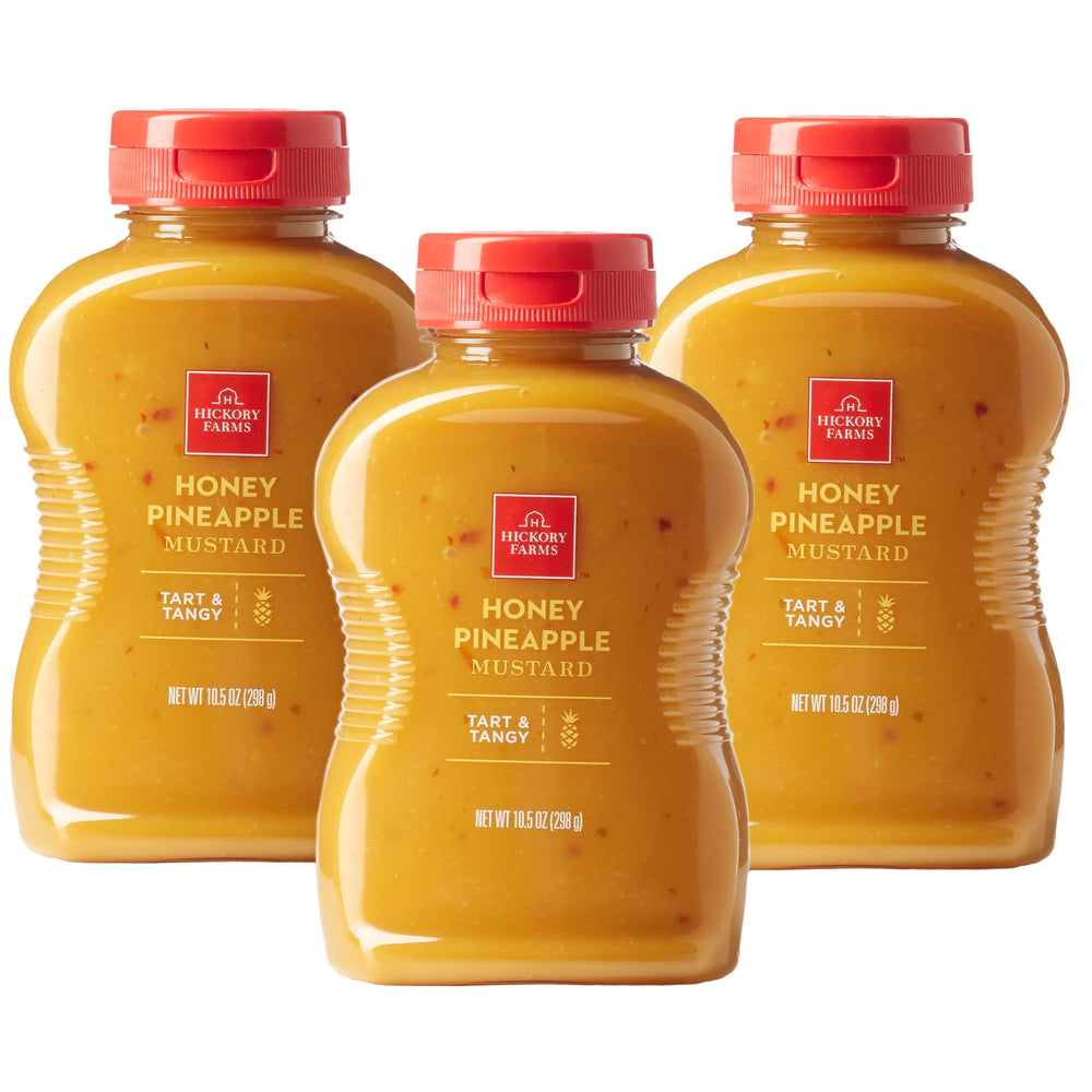 Hickory Farms frasco frontal de mostaza miel-piña muestra presentación atractiva
