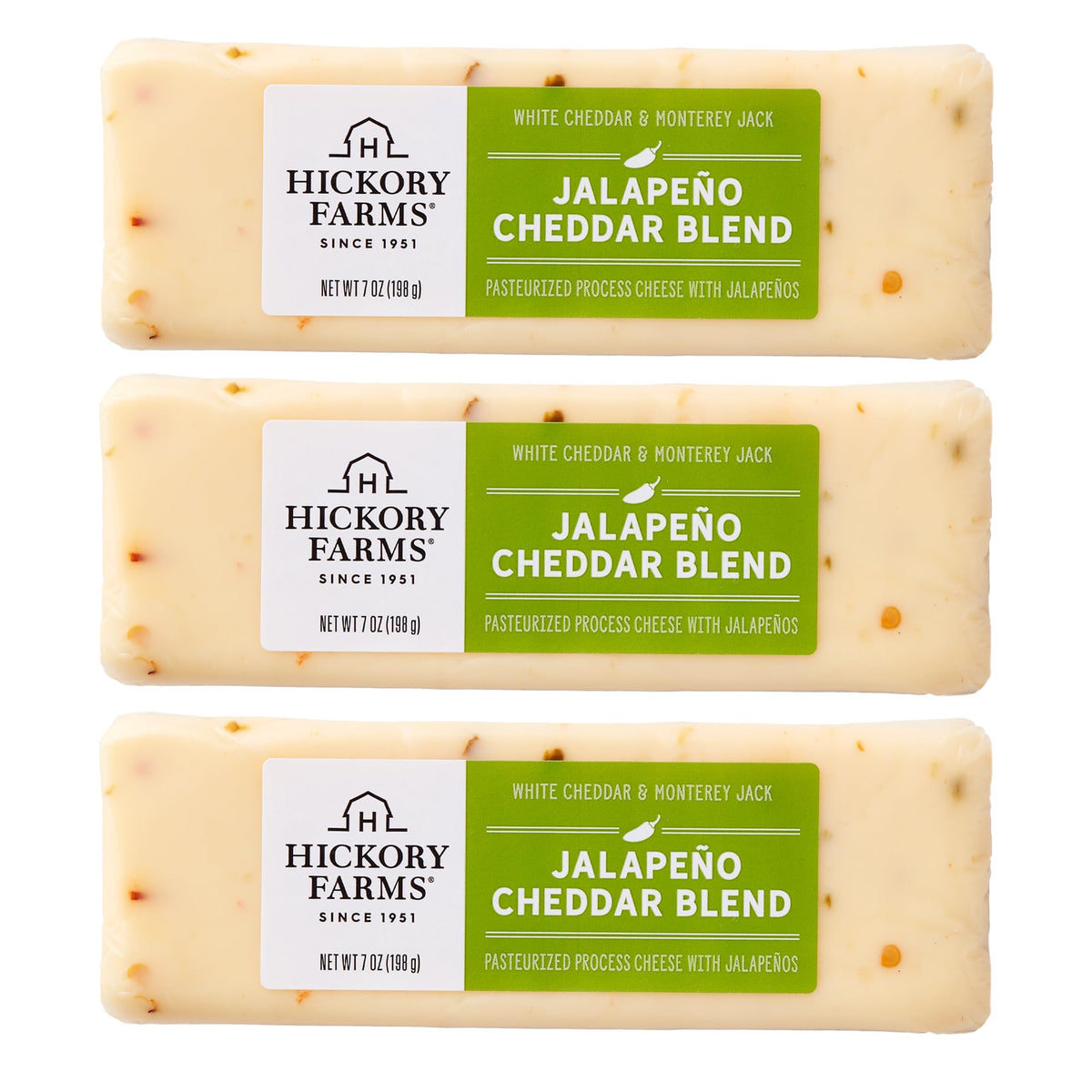 Hickory Farms empaquetado frontal mostrando tres unidades, ideal para compartir