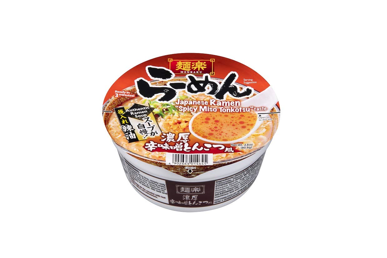Hikari Miso paquete frontal del ramen Spicy Miso Tonkotsu mostrando etiqueta y beneficio de preparación rápida