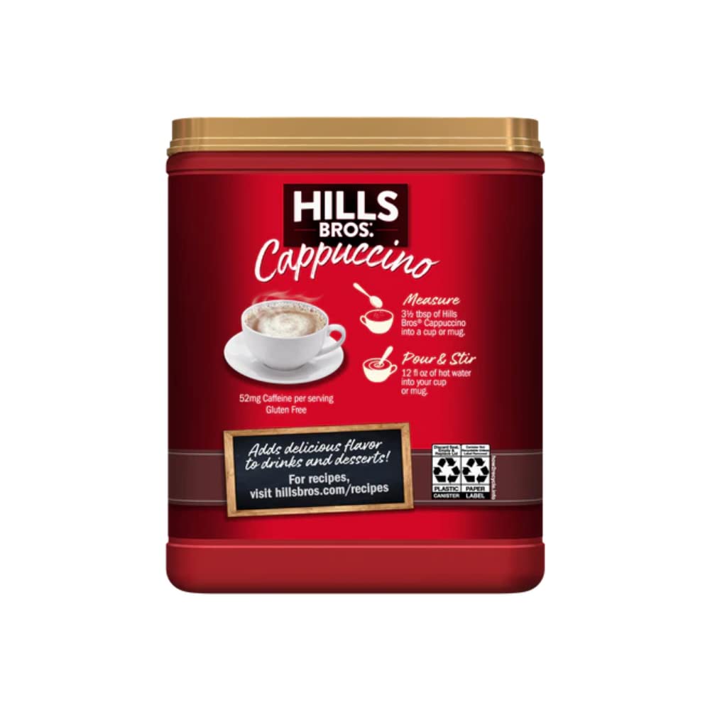 Hills Bros taza con cappuccino cremoso mostrando textura espumosa