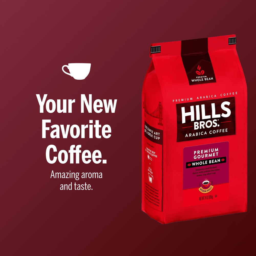 Hills Bros bolsa junto a taza para comparar tamaño y porciones