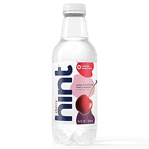 Hint botella cherry en mano mostrando tamaño práctico y refresco sin calorías