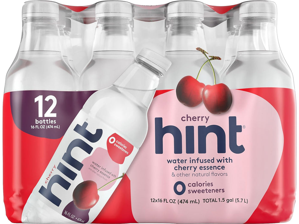 Hint botella cherry frente con etiqueta clara y sabor natural