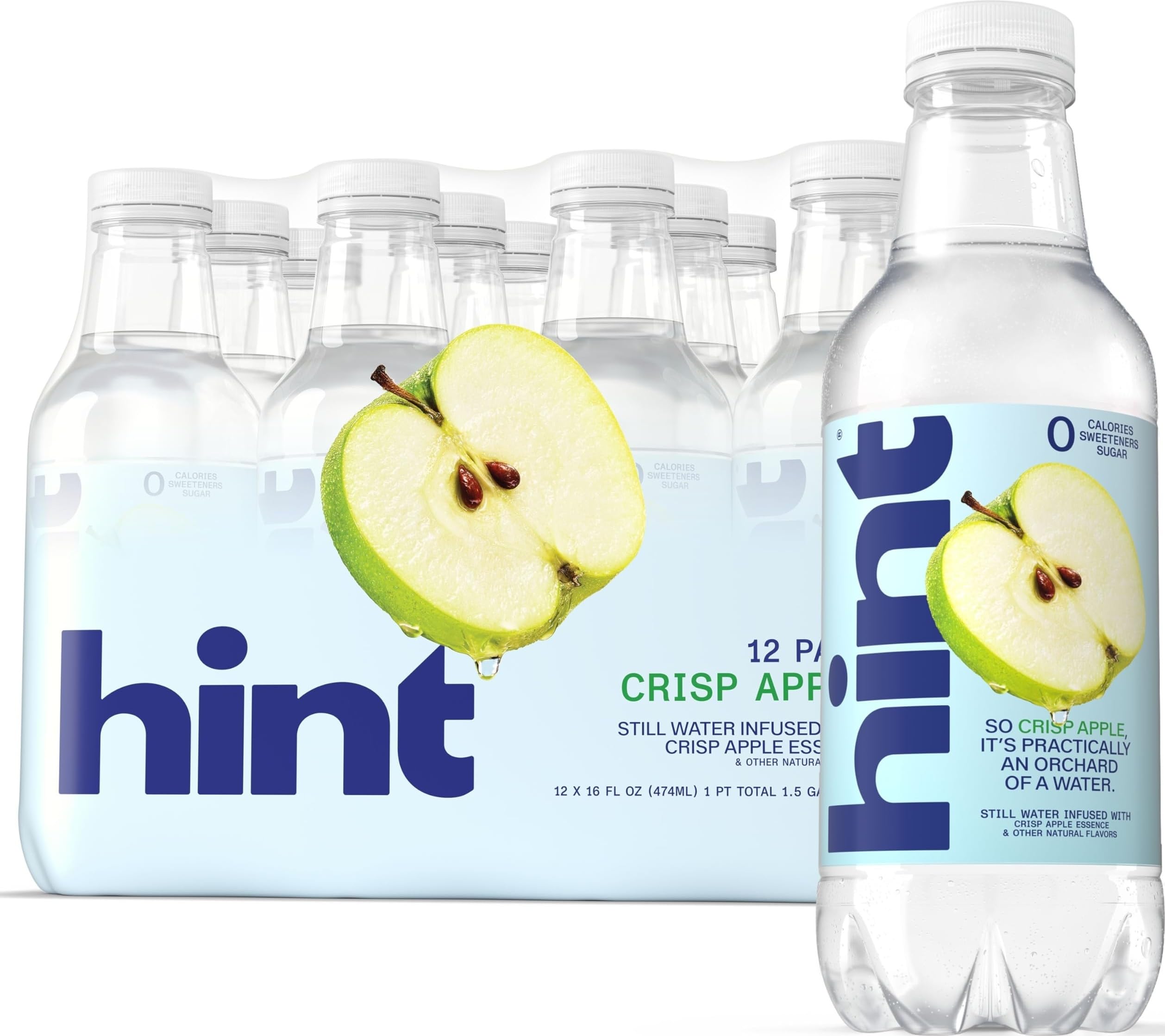 Hint botella frontal mostrando la etiqueta y sabor manzana crujiente, hidratación limpia