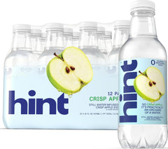 Hint botella frontal mostrando la etiqueta y sabor manzana crujiente, hidratación limpia