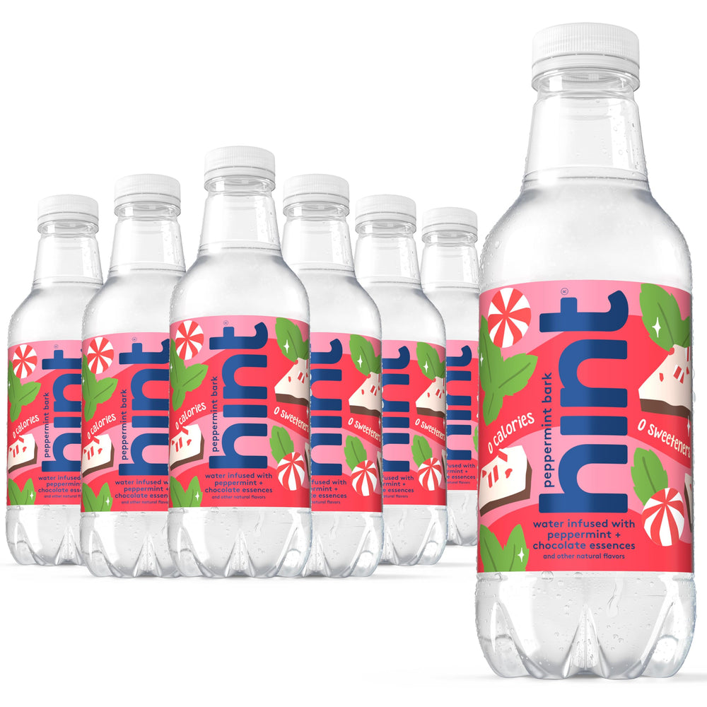 Hint Peppermint Bark pack frontal mostrando 12 botellas, hidratación sabrosa