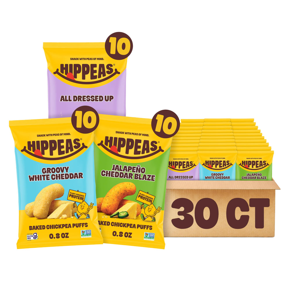 HIPPEAS frontal del paquete variedad que muestra las tres bolsas y conveniencia